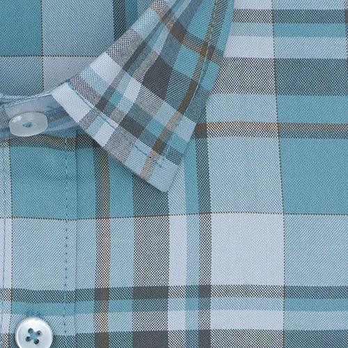 Men's 100% Cotton Plaid Checkered Full Sleeves Shirt (Misty Blue)