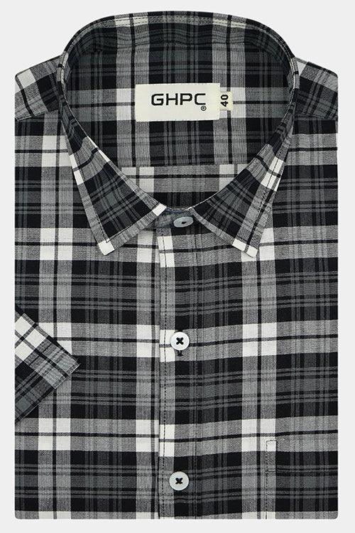 Men's 100% Cotton Plaid Checkered Half Sleeves Shirt (Black)
