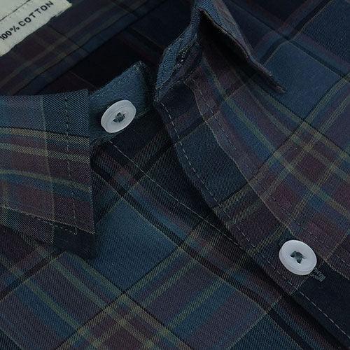 Men's 100% Cotton Plaid Checkered Half Sleeves Shirt (Blue)