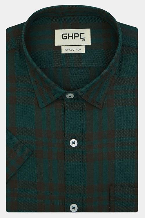 Men's 100% Cotton Plaid Checkered Half Sleeves Shirt (Bottle Green)