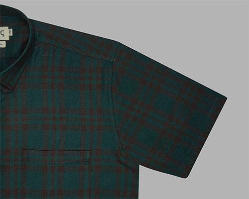 Men's 100% Cotton Plaid Checkered Half Sleeves Shirt (Bottle Green)