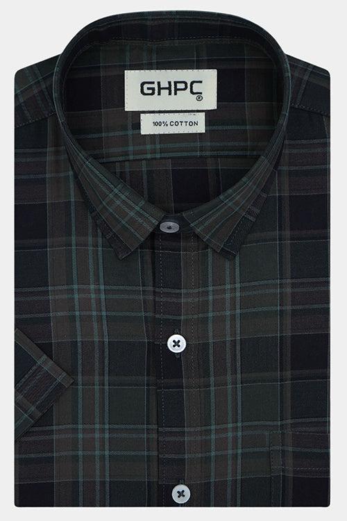 Men's 100% Cotton Plaid Checkered Half Sleeves Shirt (Brown)
