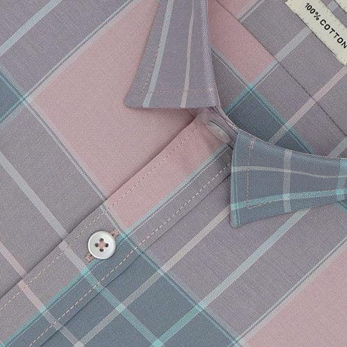 Men's 100% Cotton Plaid Checkered Half Sleeves Shirt (Light Pink)