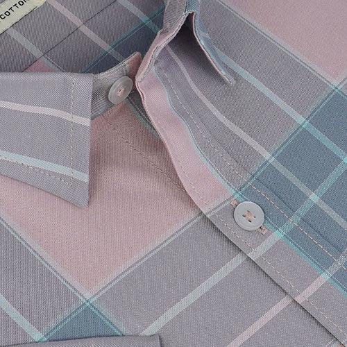 Men's 100% Cotton Plaid Checkered Half Sleeves Shirt (Light Pink)