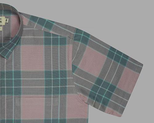Men's 100% Cotton Plaid Checkered Half Sleeves Shirt (Light Pink)
