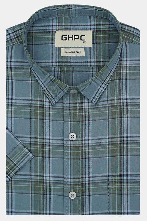 Men's 100% Cotton Plaid Checkered Half Sleeves Shirt (Misty Blue)