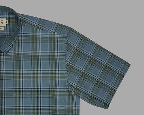 Men's 100% Cotton Plaid Checkered Half Sleeves Shirt (Misty Blue)