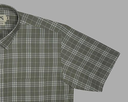 Men's 100% Cotton Plaid Checkered Half Sleeves Shirt (Olive)
