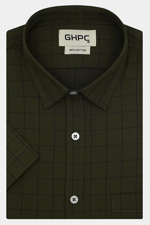 Men's 100% Cotton Plaid Checkered Half Sleeves Shirt (Olive Green)