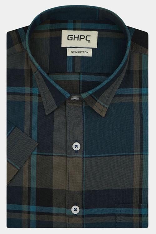Men's 100% Cotton Plaid Checkered Half Sleeves Shirt (Teal)