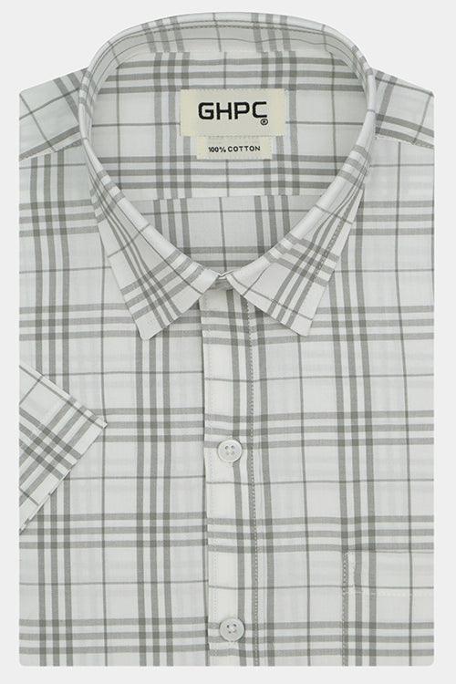 Men's 100% Cotton Plaid Checkered Half Sleeves Shirt (White)