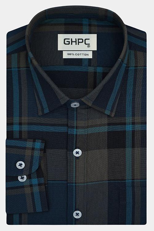 Men's 100% Cotton Plaid Checks Full Sleeves Shirt (Teal)