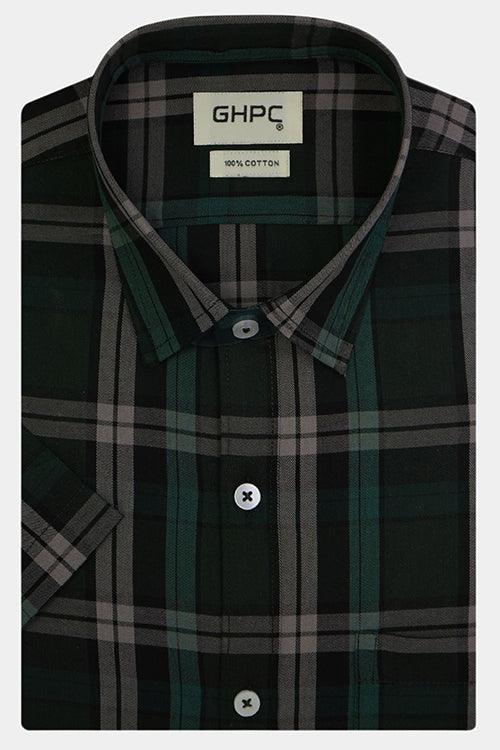Men's 100% Cotton Plaid Checks Half Sleeves Shirt (Forest Green)