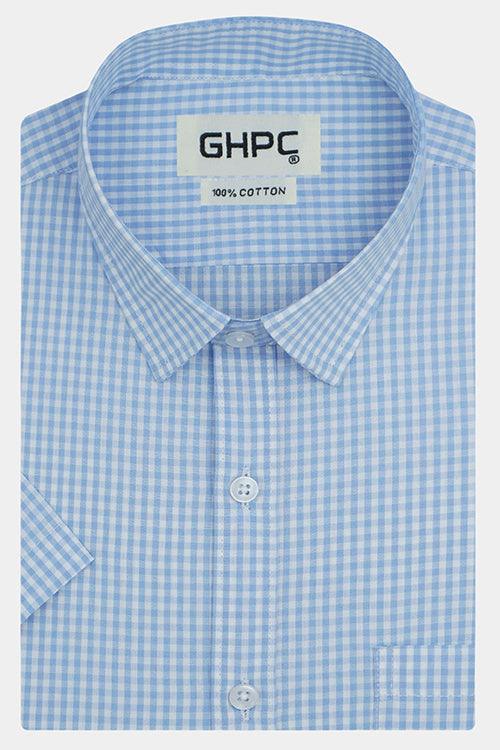 Men's 100% Cotton Small Gingham Checkered Half Sleeves Shirt (Blue)