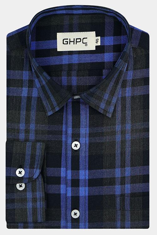 Men's 100% Cotton Tartan Checkered Full Sleeves Shirt (Blue)