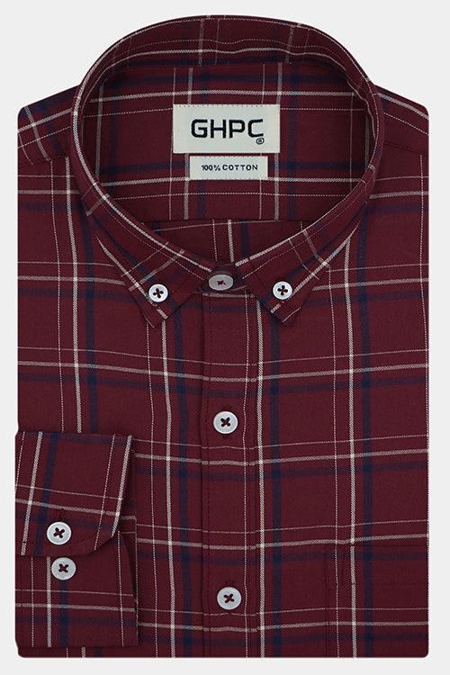 Men's 100% Cotton Tartan Checkered Full Sleeves Shirt (Burgundy)