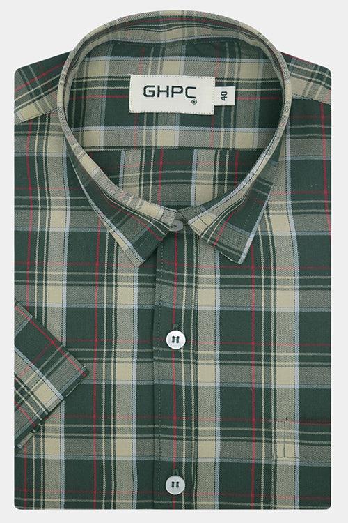 Men's 100% Cotton Tartan Checkered Half Sleeves Shirt (Bottle Green)