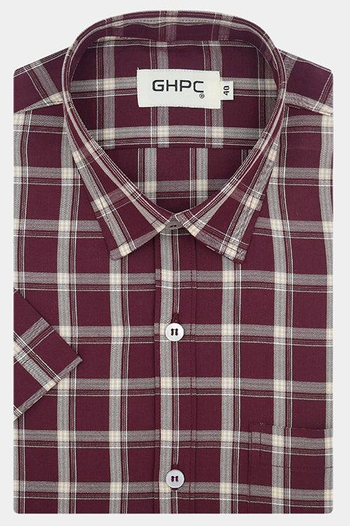 Men's 100% Cotton Tartan Checkered Half Sleeves Shirt (Burgundy)