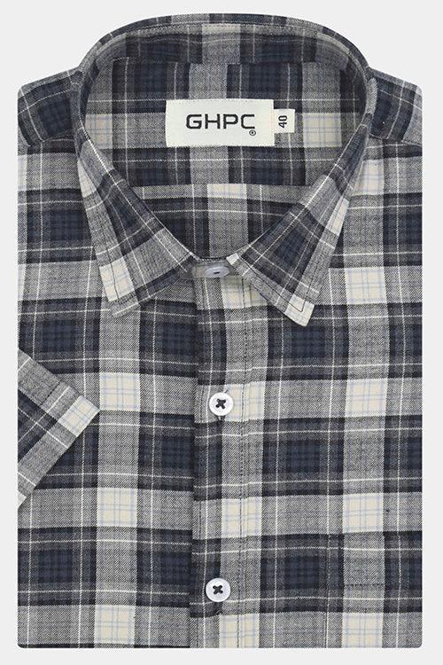Men's 100% Cotton Tartan Checkered Half Sleeves Shirt (Grey)