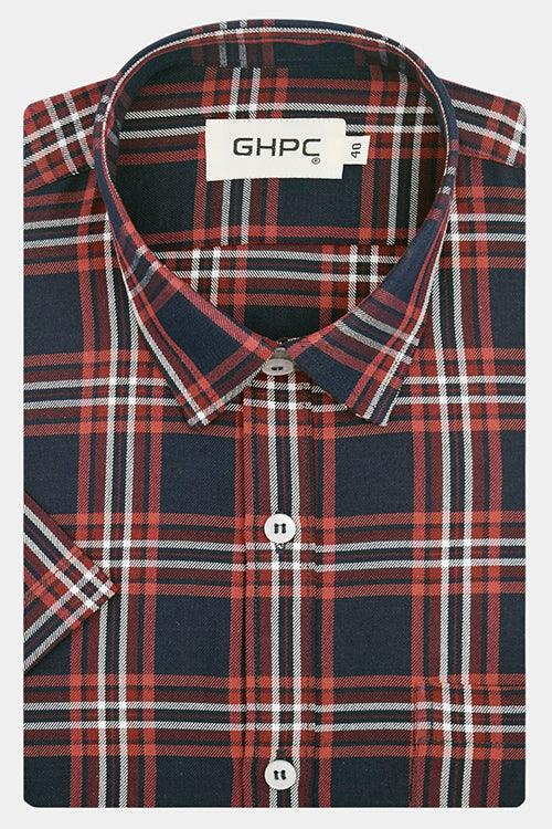 Men's 100% Cotton Tartan Checkered Half Sleeves Shirt (Navy)