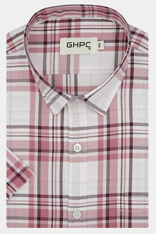 Men's 100% Cotton Tartan Checkered Half Sleeves Shirt (Peach)