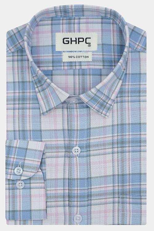 Men's 100% Cotton Tartan Plaid Checkered Full Sleeves Shirt (Blue)