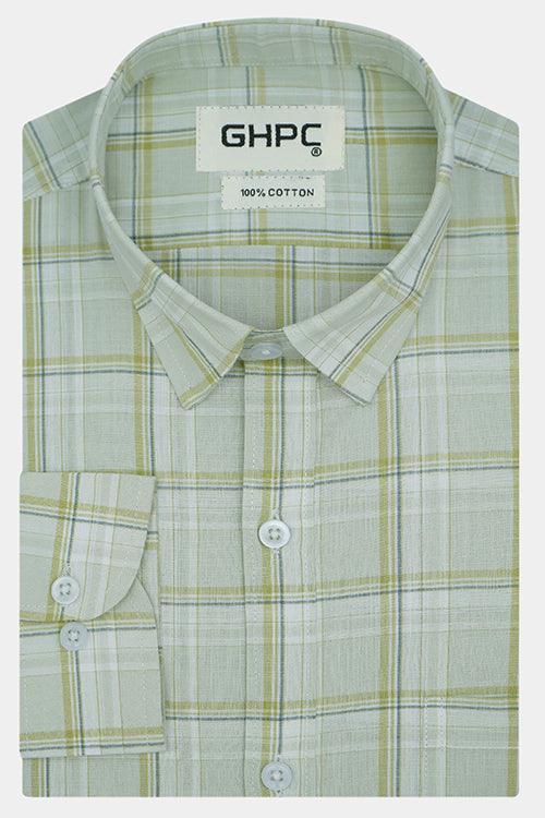 Men's 100% Cotton Tartan Plaid Checkered Full Sleeves Shirt (Pista Green)