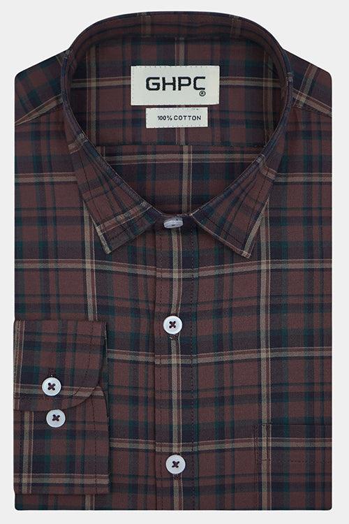 Men's 100% Cotton Tartan Plaid Checkered Full Sleeves Shirt (Rust Brown)