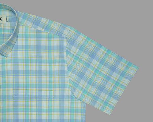 Men's 100% Cotton Tartan Plaid Checkered Half Sleeves Shirt (Blue)