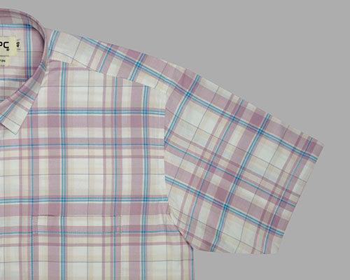Men's 100% Cotton Tartan Plaid Checkered Half Sleeves Shirt (Mauve)