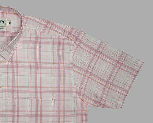 Men's 100% Cotton Tartan Plaid Checkered Half Sleeves Shirt (Peach)