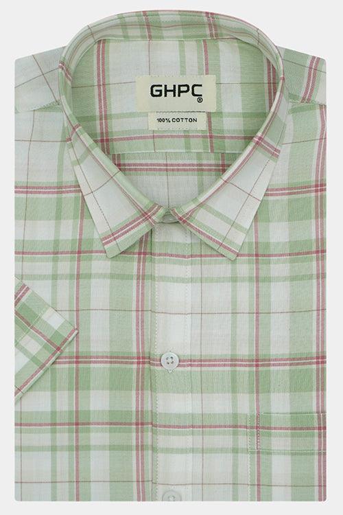 Men's 100% Cotton Tartan Plaid Checkered Half Sleeves Shirt (Pista Green)