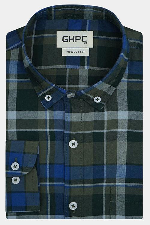 Men's 100% Cotton Windowpane Checkered Full Sleeves Shirt (Blue)