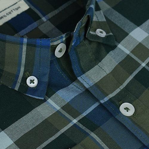 Men's 100% Cotton Windowpane Checkered Full Sleeves Shirt (Blue)