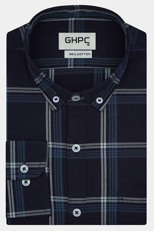 Men's 100% Cotton Windowpane Checkered Full Sleeves Shirt (Navy)