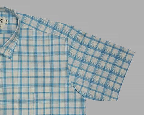 Men's 100% Cotton Windowpane Checkered Half Sleeves Shirt (Blue)