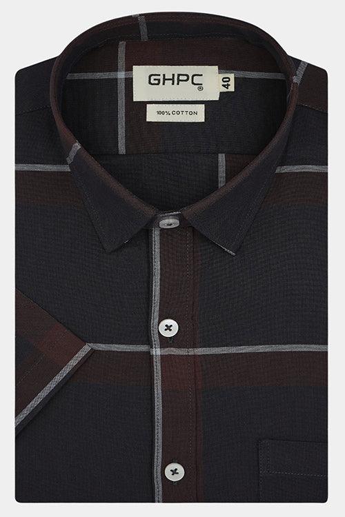 Men's 100% Cotton Windowpane Checkered Half Sleeves Shirt (Coke)
