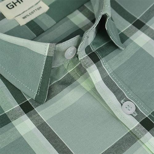 Men's 100% Cotton Windowpane Checkered Half Sleeves Shirt (Green)