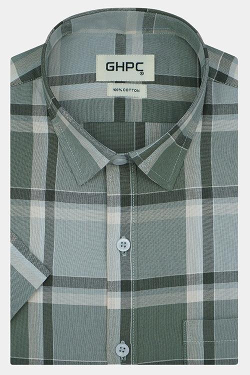 Men's 100% Cotton Windowpane Checkered Half Sleeves Shirt (Grey)
