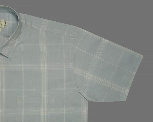 Men's 100% Cotton Windowpane Checkered Half Sleeves Shirt (Misty Blue)