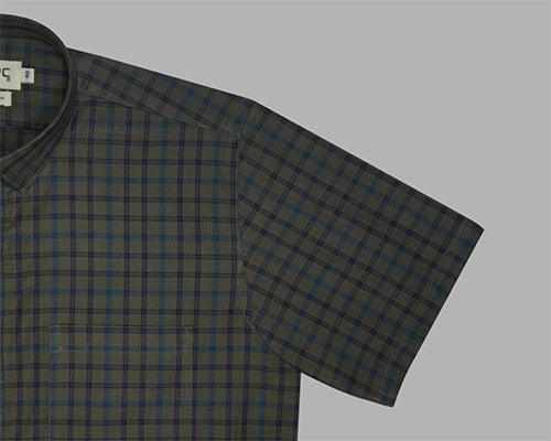 Men's 100% Cotton Windowpane Checkered Half Sleeves Shirt (Olive Green)