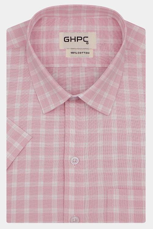 Men's 100% Cotton Windowpane Checkered Half Sleeves Shirt (Peach)
