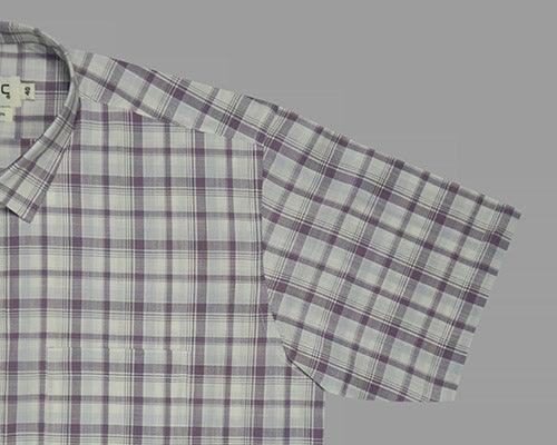 Men's 100% Cotton Windowpane Checkered Half Sleeves Shirt (Purple)