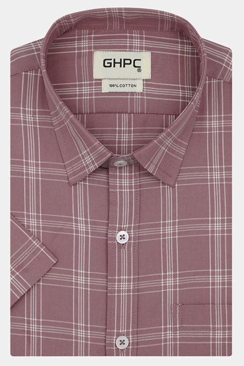 Men's 100% Cotton Windowpane Checkered Half Sleeves Shirt (Rust)
