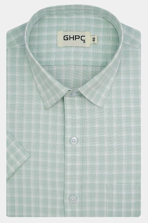 Men's 100% Cotton Windowpane Checkered Half Sleeves Shirt (Sea Green)