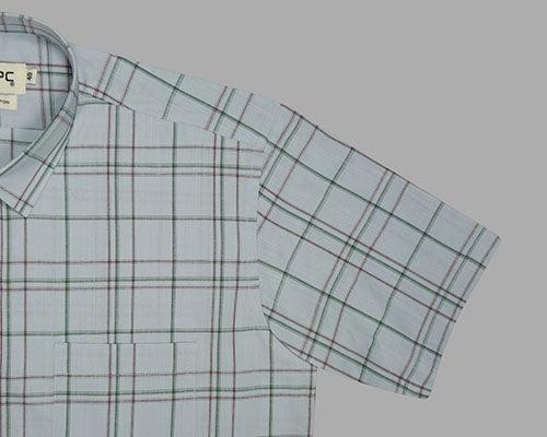 Men's 100% Cotton Windowpane Checkered Half Sleeves Shirt (Sky Blue)