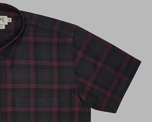 Men's 100% Cotton Windowpane Checkered Half Sleeves Shirt (Wine)