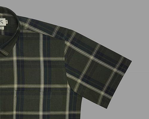 Men's 100% Cotton Windowpane Checks Half Sleeves Shirt (Olive)