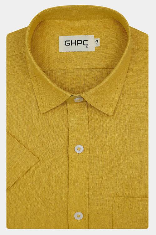 Men's 100% Linen Plain Solid Half Sleeves Regular Fit Formal Shirt (Mustard)