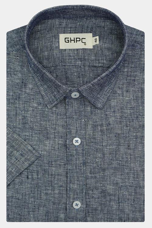 Men's 100% Linen Plain Solid Half Sleeves Regular Fit Formal Shirt (Navy)